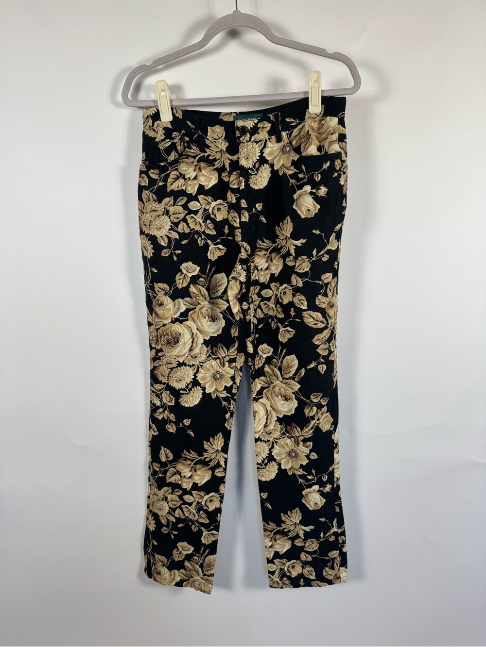 Lauren Ralph Lauren Black 100% Linen Pants SIZE 6 Dark Feminine Floral VTG Soft